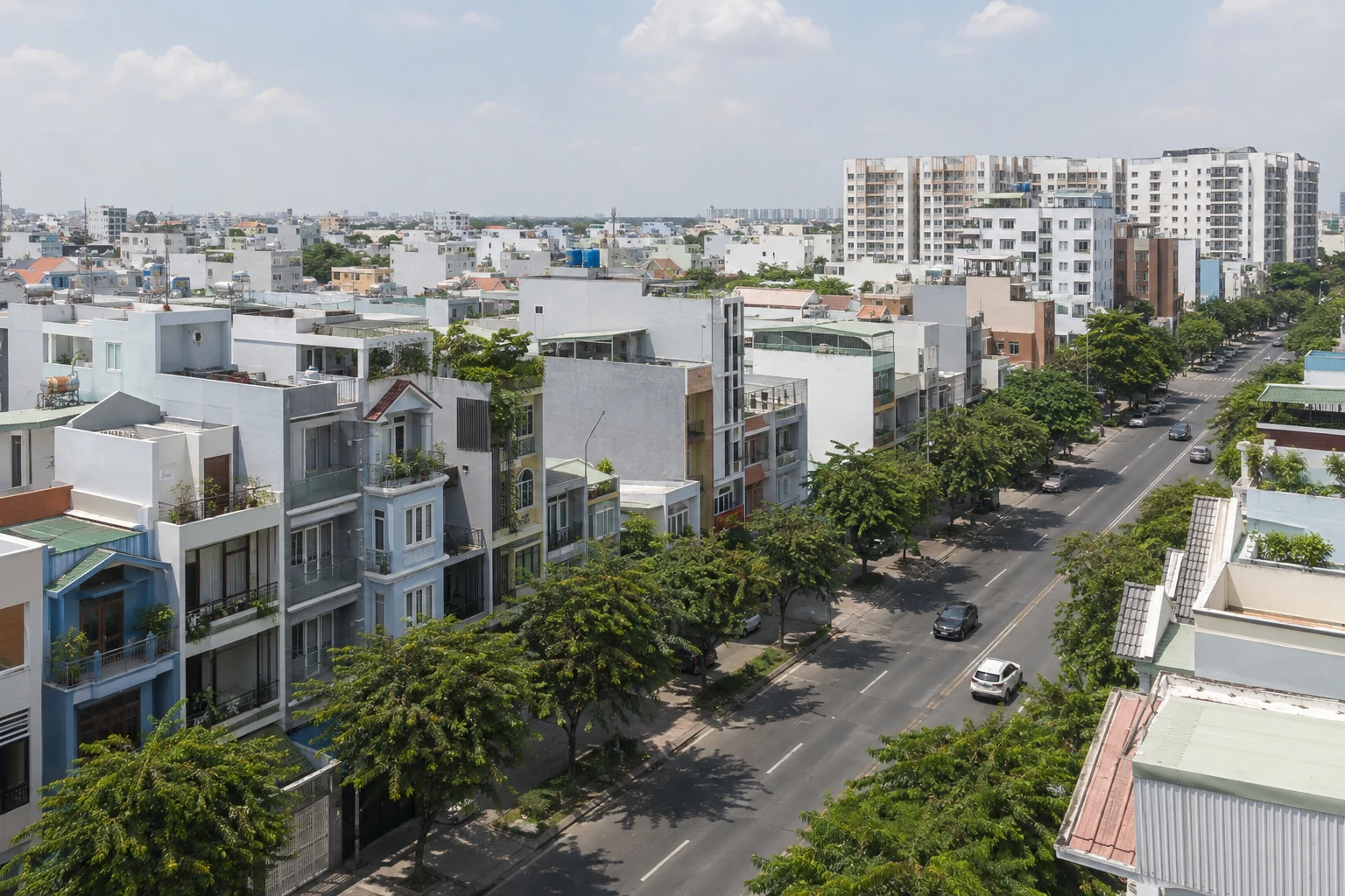 Breiter Stadtboulevard mit schmalen Häusern, Wohnblöcken und tropischen Bäumen in Binh Tan