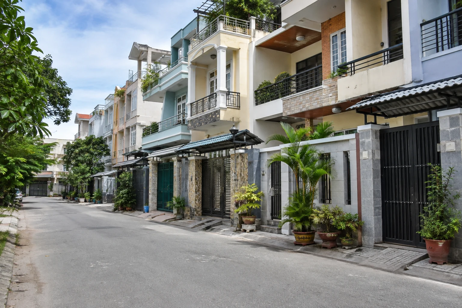 Ruhige Wohnstraße mit schmalen mehrgeschossigen Stadthäusern und tropischen Pflanzen in Binh Tan