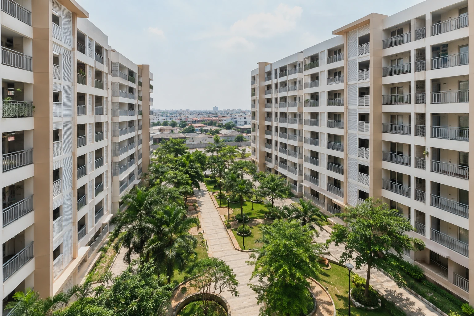 Mittelhohe Wohnanlage mit Balkonen und tropisch begrüntem Innenhof in Binh Tan